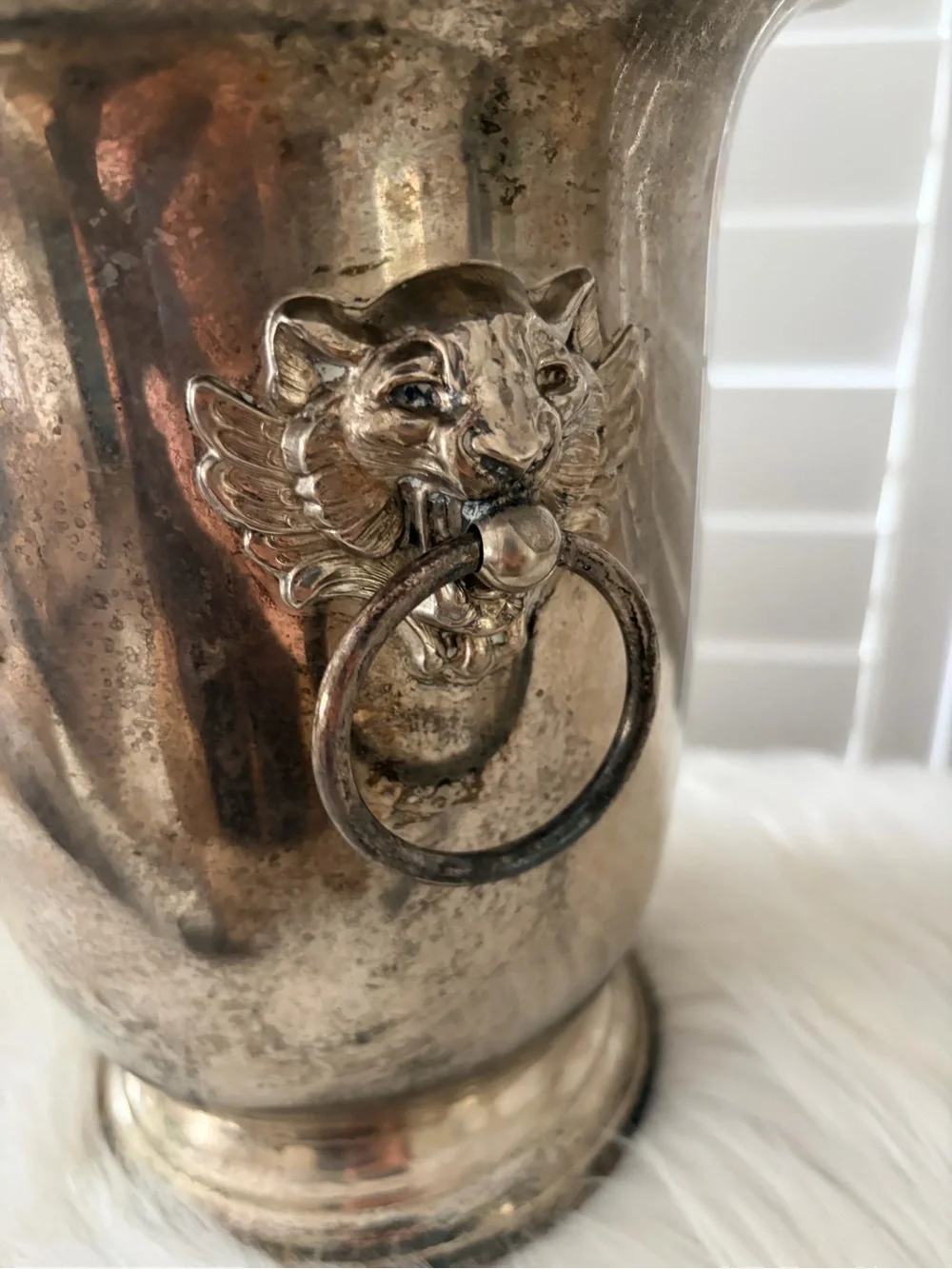 Vintage Sheridan Silverplated Lion Head Ice Bucket with Ring Handles
